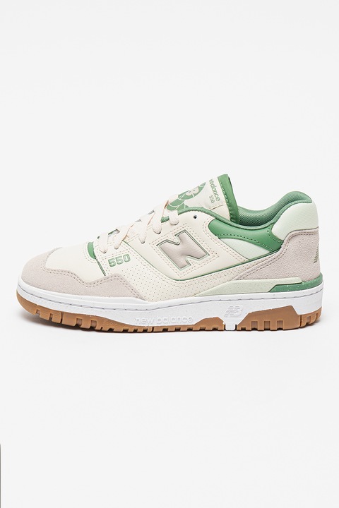 New Balance, Pantofi sport cu detalii de piele intoarsa si piele 550, Verde, Gri deschis, 8