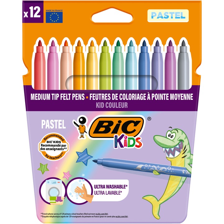 Markere de colorat BIC Kids Kid Couleur, ultralavabile, culori Pastel, pachet 12 bucati