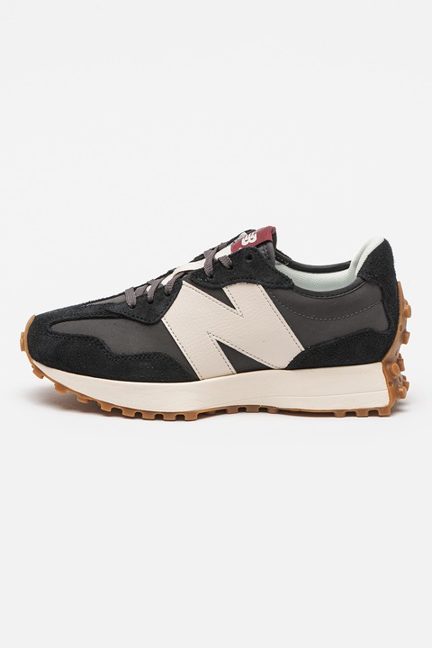 New Balance, Pantofi sport cu insertii de piele intoarsa si piele 327, Negru stins/Gri inchis