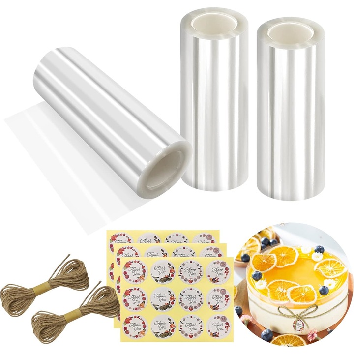 Set 3 Role Gulere Pentru Tort MWAOWM, PET Transparent, 10cmx10m, cu Stickere si Sfoara de Canepa