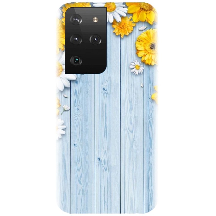 Szilikon tok kompatibilis a Samsung Galaxy S21 Ultra - Sunflower On Blue Wood modellel