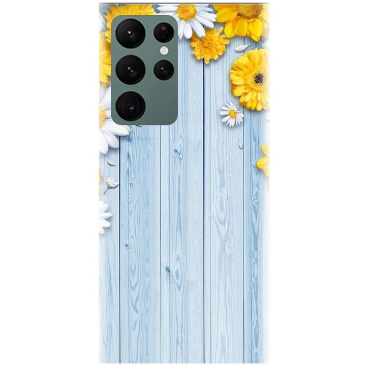 Силиконов калъф, съвместим с модел Samsung Galaxy S22 Ultra - Sunflower On Blue Wood