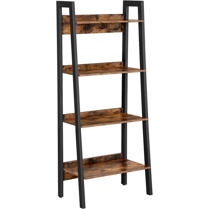 Етажерка тип стълба с 4 рафта и метална рамка, 56 x 34 x 137,5 см, MDF, винтидж кафяво / черно