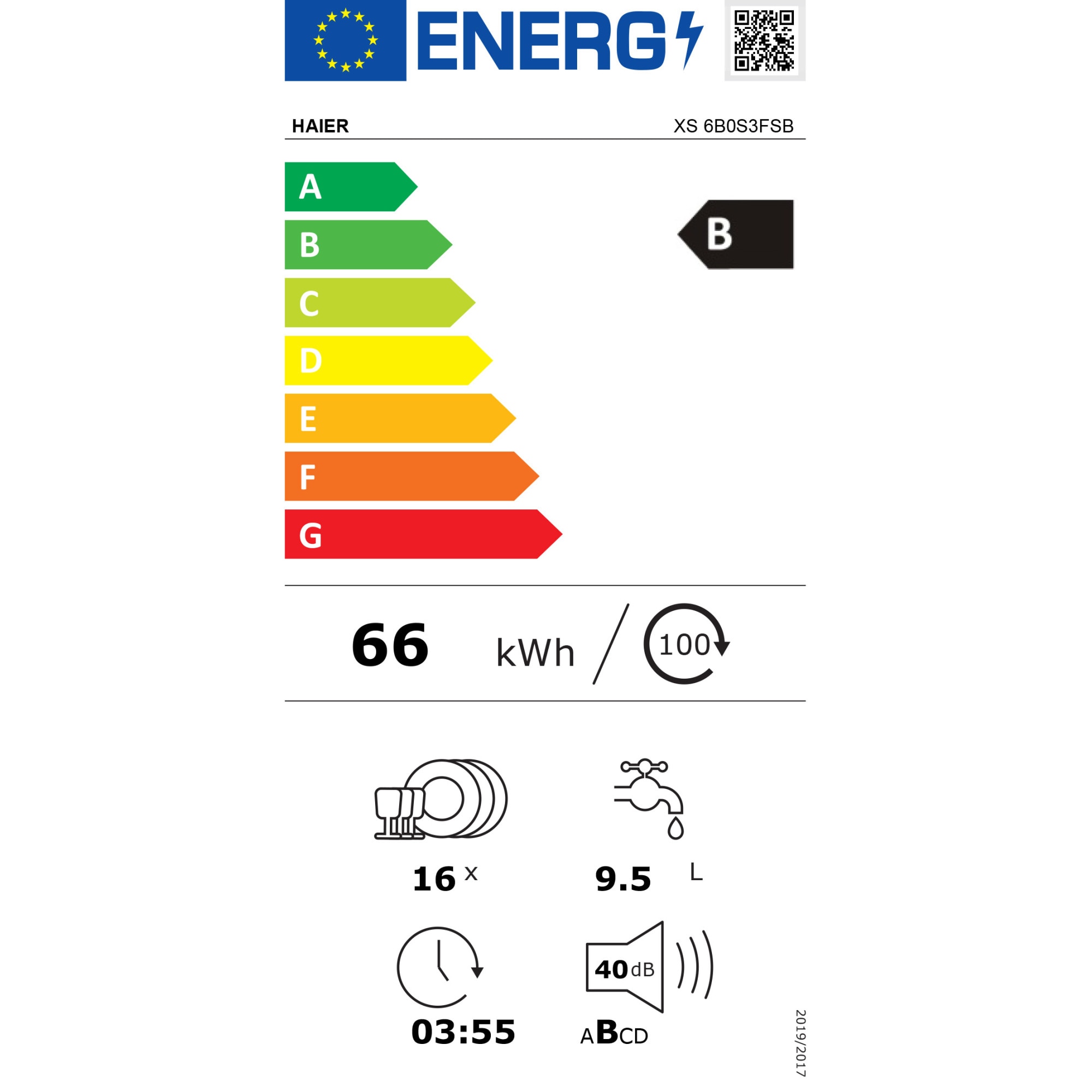 Masina de spalat vase incorporabila Haier XS 6B0S3FSB, 16 seturi, clasa B, motor Inverter, WiFi/ hOn app, 10 programe, PowerWash, 3 cosuri
