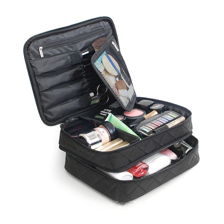 Sminktáska, dupla, fekete, 25x20x11cm, ecsettartó rekeszekkel és hatékony rendszerezéssel