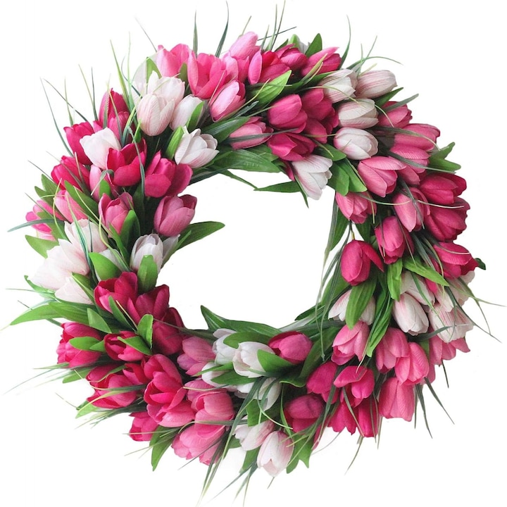 Coroana artificiala de flori, Matase, Model Lalele, 45 cm, Multicolor