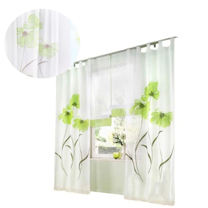 Комплект от 2 пердета, щампа на пеперуда, 150x270см, полиестер, прозрачно/зелено