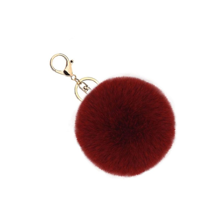 Breloc pompon, rosu, 8cm, material plus, lungime totala 13.5cm