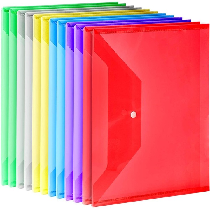 Set de 12 mape plastic, A4, multicolor, 235x335mm, cu inchidere snap