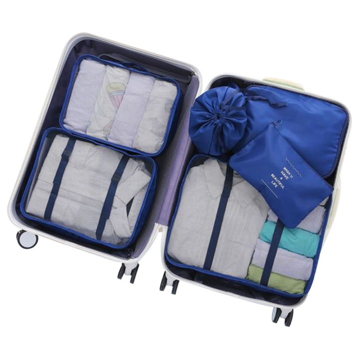 Set organizatoare pentru bagaje, transparente si respirabile, multicolor, cu maner