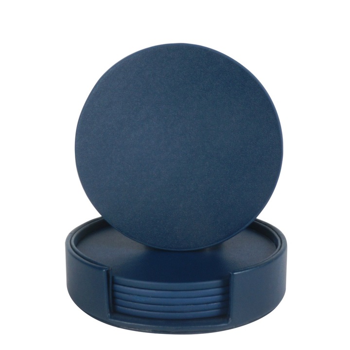 Ital alátét készlet, kerek, műbőr, csúszásmentes, vízálló, sötétkék, 10x10x0,3cm