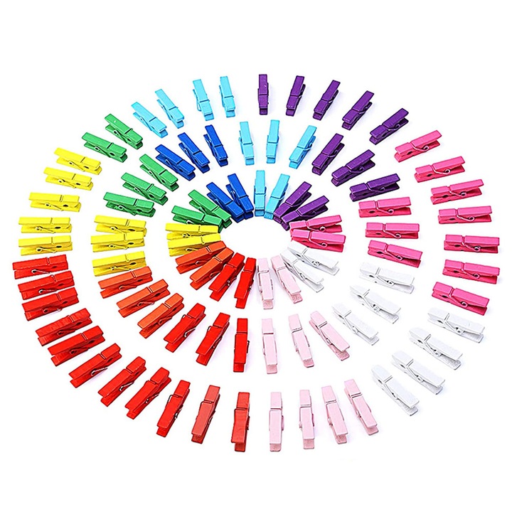 Set de 100 mini cleme pentru rufe, lemn, multicolor, 3.5cm