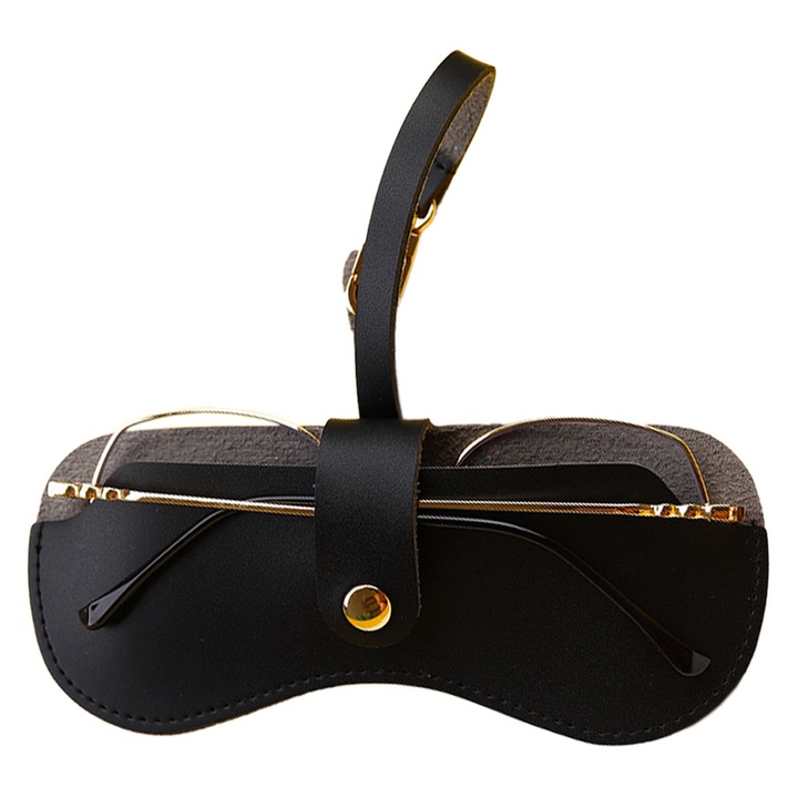 Etui pentru ochelari, Piele artificiala, Impermeabil, 15.5 x 6.4 x 3 cm, Negru