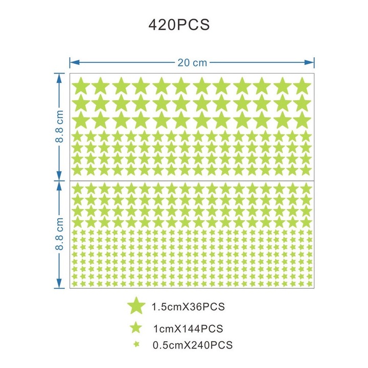 Set de 420 de autocolante decorative, PVC, Stelute fosforescente, Verde, 0.5-1.5cm