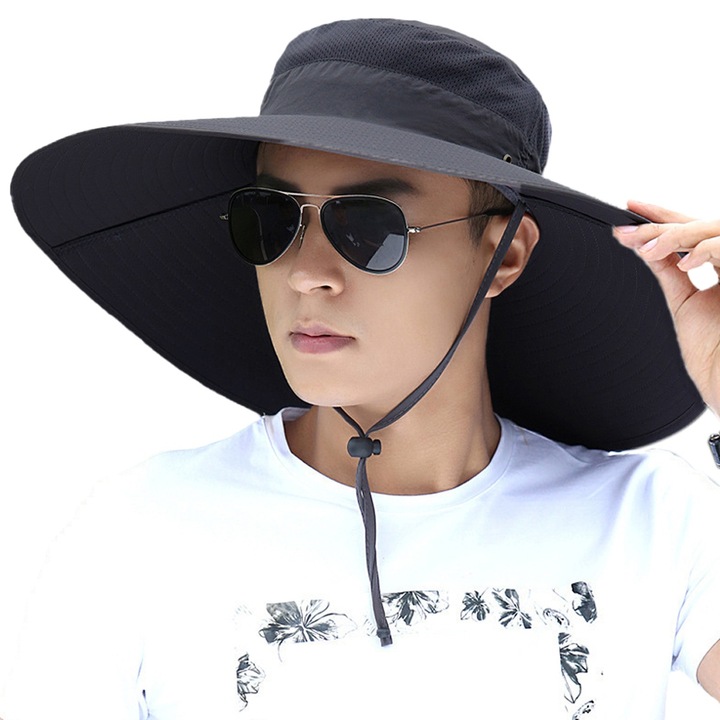 Palarie soare unisex, poliester, reglabila, protectie UV, negru, 55-60cm