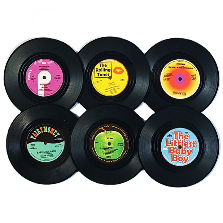 Set 6 Suporturi pentru Bauturi, Design Vinil Schallplatte, Multicolor, 10.5x0.18cm