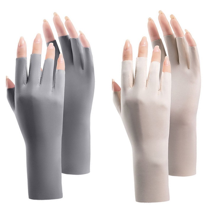 Set 2 perechi manusi fara degete, protectie solara, nailon, gri si bej