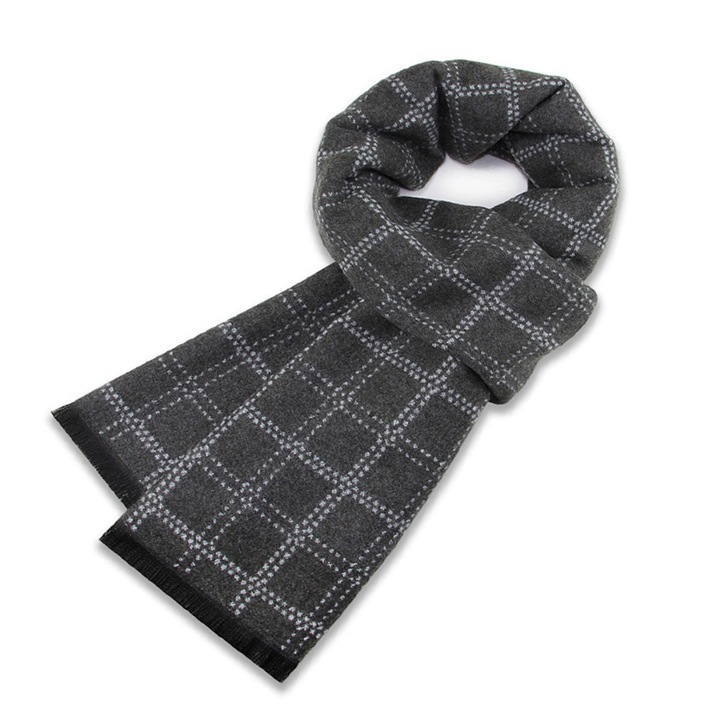 Esarfa barbateasca, gri, amestec de lana, 31x180cm, design cu dungi