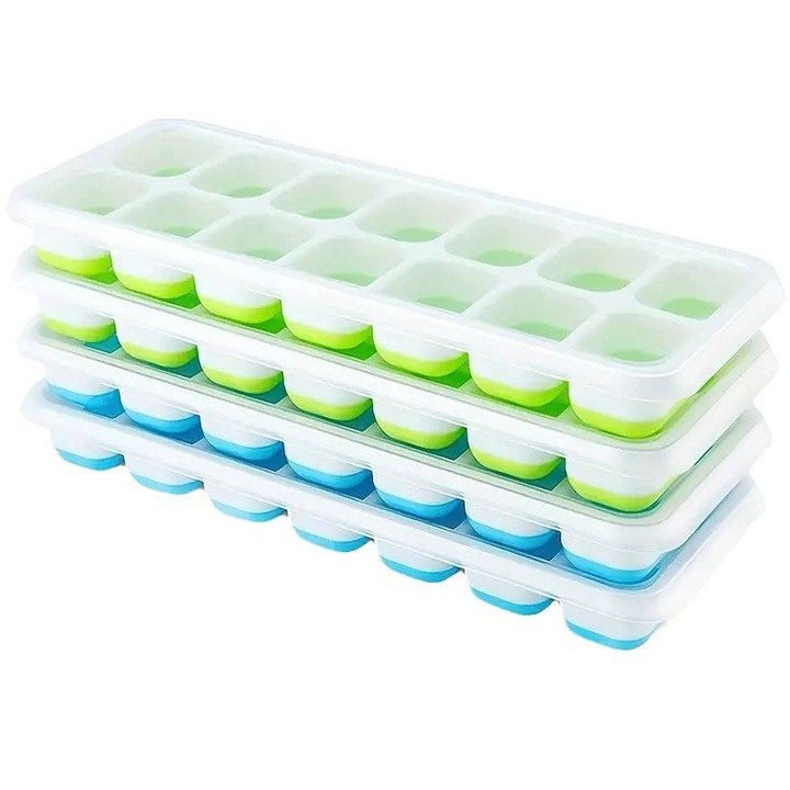 Set 4 forme cuburi de gheata din silicon cu capac, 14 compartimente, 24.5x9x2.6cm, verde si albastru