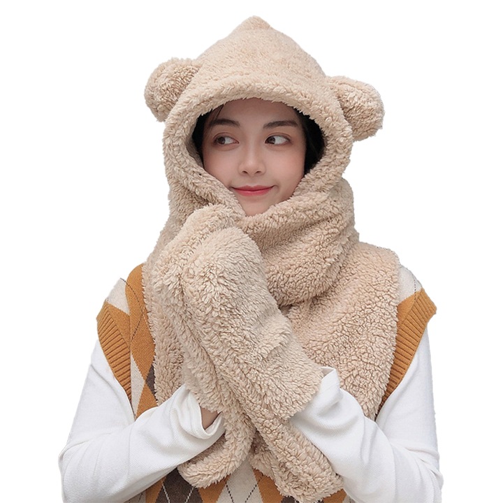 Esarfa 3 in 1, Lana, Caciula si Manusi, 15 x 240 cm, Bej