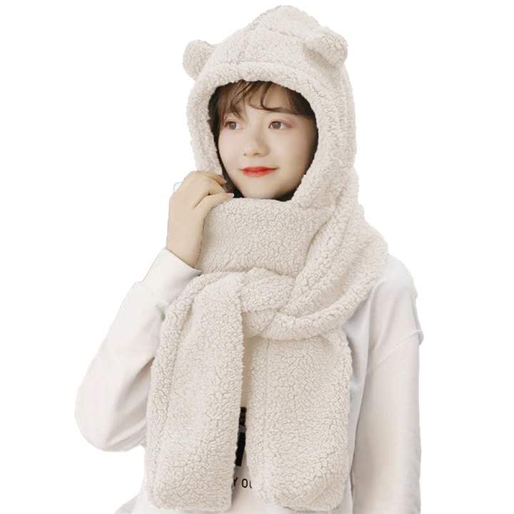 Set esarfa circulara si manusi, imitatie lana, alb, 15x240cm