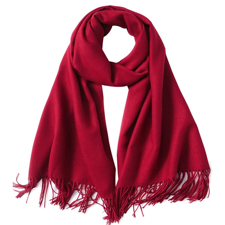 Esarfa dama, oversized cu franjuri, burgund, 200x65cm, poliester