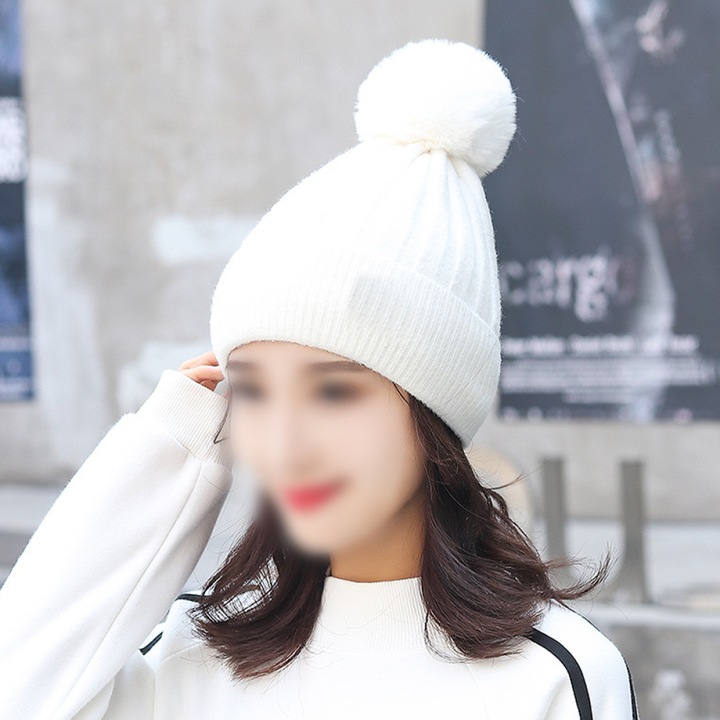 Caciula de iarna, Acril / Plus, Unisex, 20 x 30 cm, Pompom, Alb