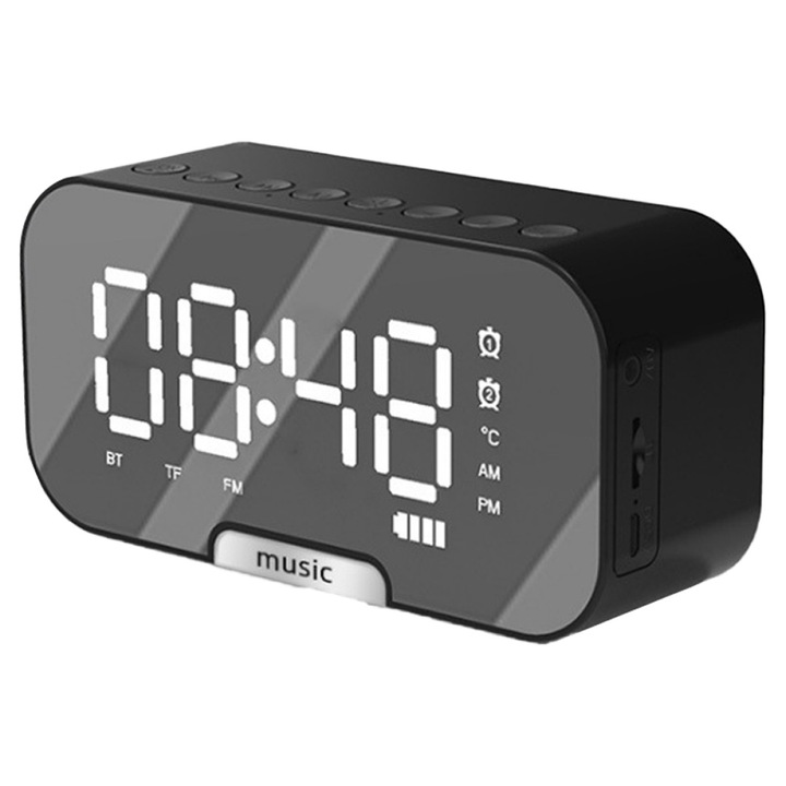 Ceas digital cu alarma, Bluetooth, radio FM, afisare temperatura, ecran LED, negru