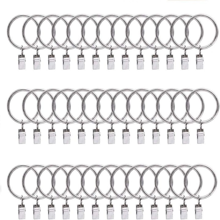 Set 40 inele pentru perdele cu clips, Metal, argintiu, 38 mm