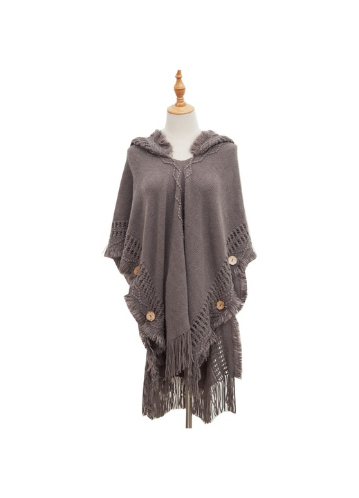 Poncho cu franjuri, unisex, acril, 78x75cm, bej