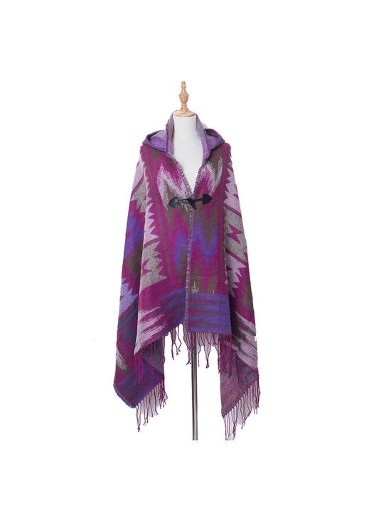 Poncho Cape cu Frange, poliester, Multicolor, 180x80cm