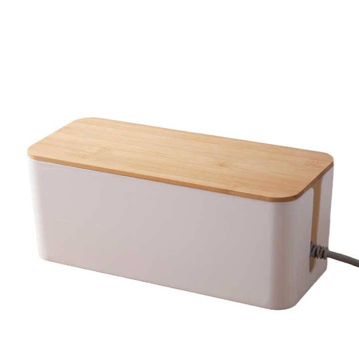 Cutie depozitare cabluri, Plastic/Lemn, Alb