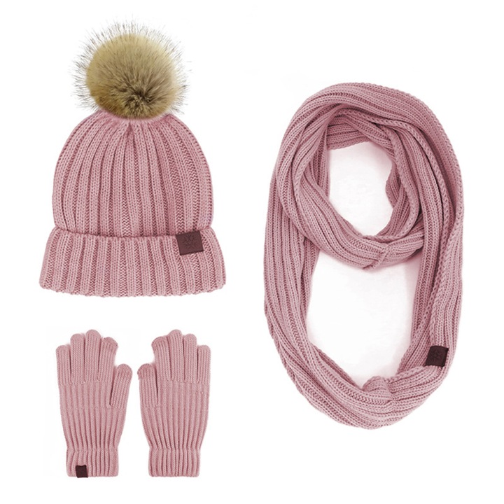 Kalap, sál és kesztyű szett, uniszex, kötött, rózsaszín, univerzális méret