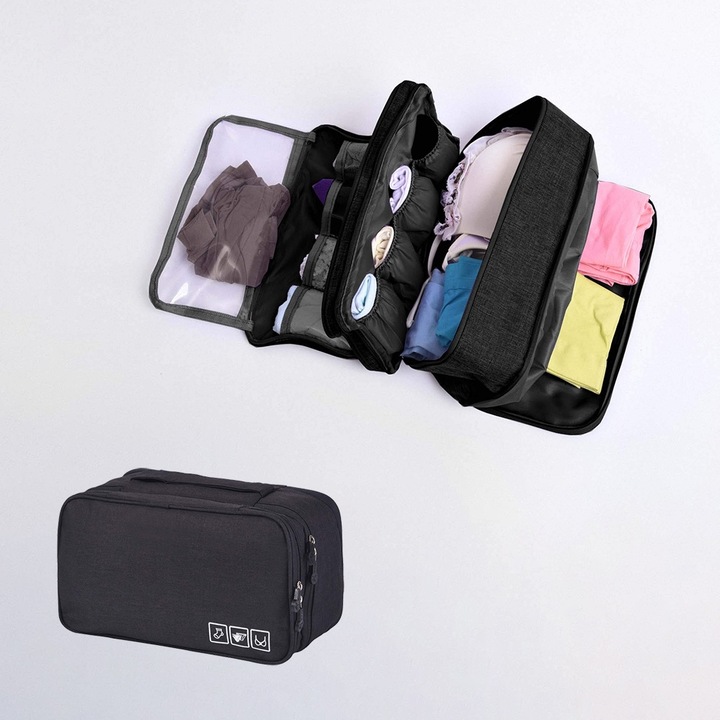 Organizator pentru lenjerie, impermeabil, cu fermoar dublu, 28x16x13cm, Negru