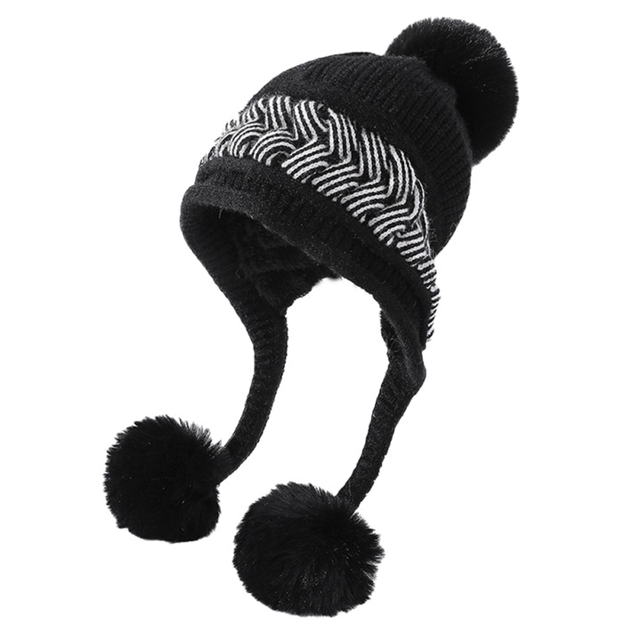 Caciula de iarna pentru femei, tricotata, acril, negru/alb, 56-58cm