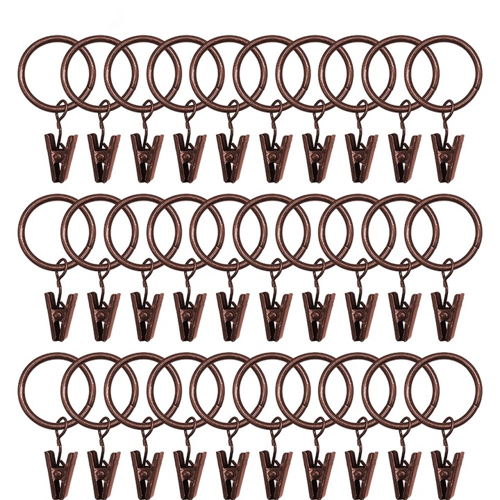 Комплект 30 халки с щипки за пердета, Метални, 25х35мм, Кафяви