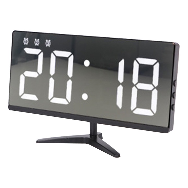 Ceas decorativ multifunctional cu oglinda, Afisaj LED, Lumina alba, 16.2x7.5x0.7cm