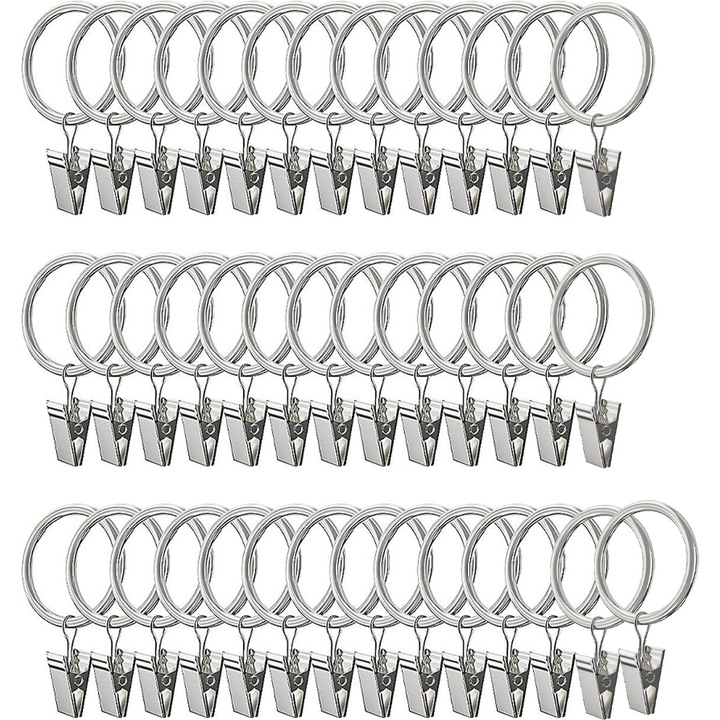 Комплект 40 халки за пердета с щипки, метал, вътрешен диаметър 25 мм, черен, сребрист, бронзов, златист