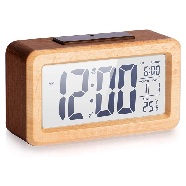 Ceas desteptator HERUSI lemn masiv retro, afisaj mare, 14x7.6cm, maro