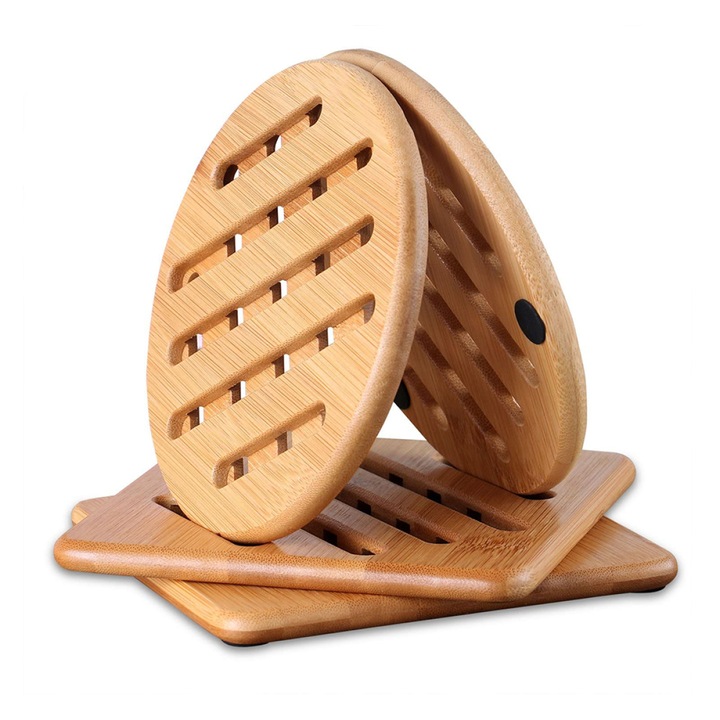 Set 4 suporturi pentru vase, Bambus, rotunde si patrate, culoare naturala, 15x15x0.8cm