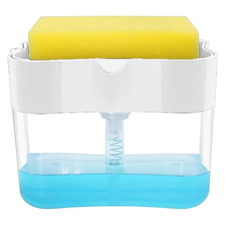 Folyékony szappan adagoló szivacstartóval, 2 az 1-ben design, fehér, 14x11x7cm