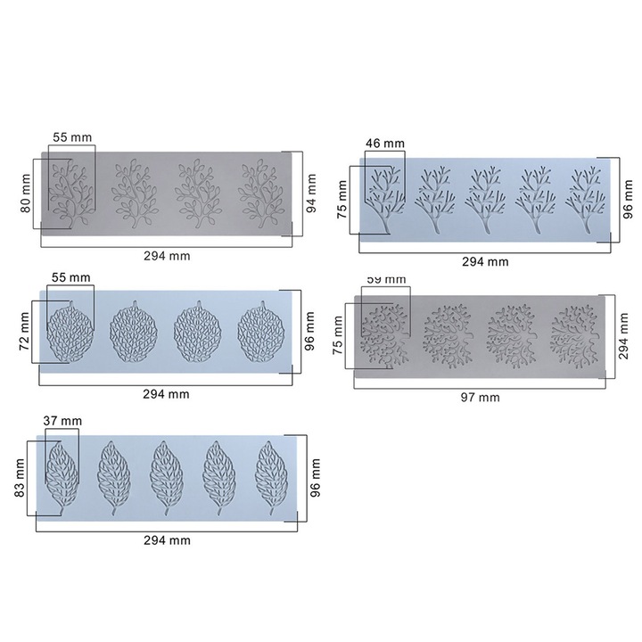 5 db dekoratív tortaforma készlet, szilikon, természetes formák, 294x97x3mm