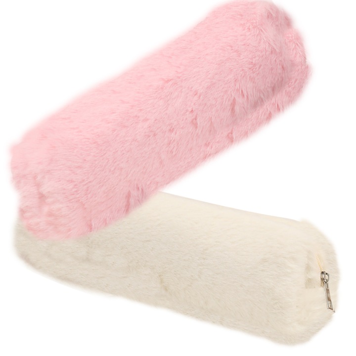 Set 2 penare pufoase, Plus, Inchidere cu fermoar, 8 x 21 cm, Roz/Alb