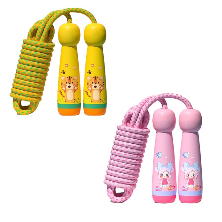 Set 2 corzi de sarit ajustabile pentru copii, manere din lemn, bumbac, roz/galben