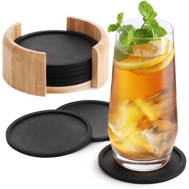 Szilikon poháralátét szett, 8 darabos, fekete, poharakhoz