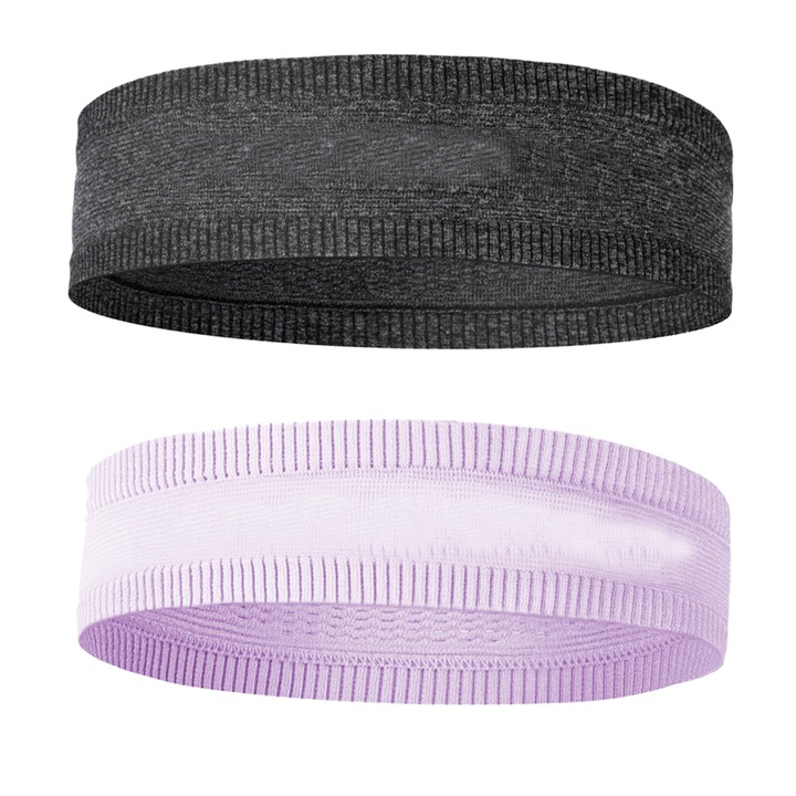 Set 2 bandane sportive antialunecare, absorbtie a transpiratiei, nylon, gri inchis + mov, 23.5x6.5cm