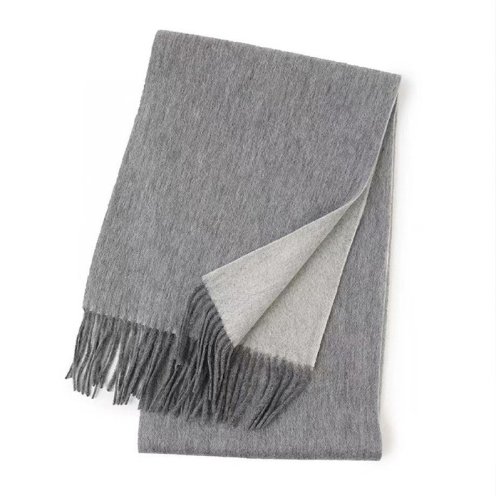 Esarfa de dama, gri, 180x30cm, cu franjuri, lana artificiala