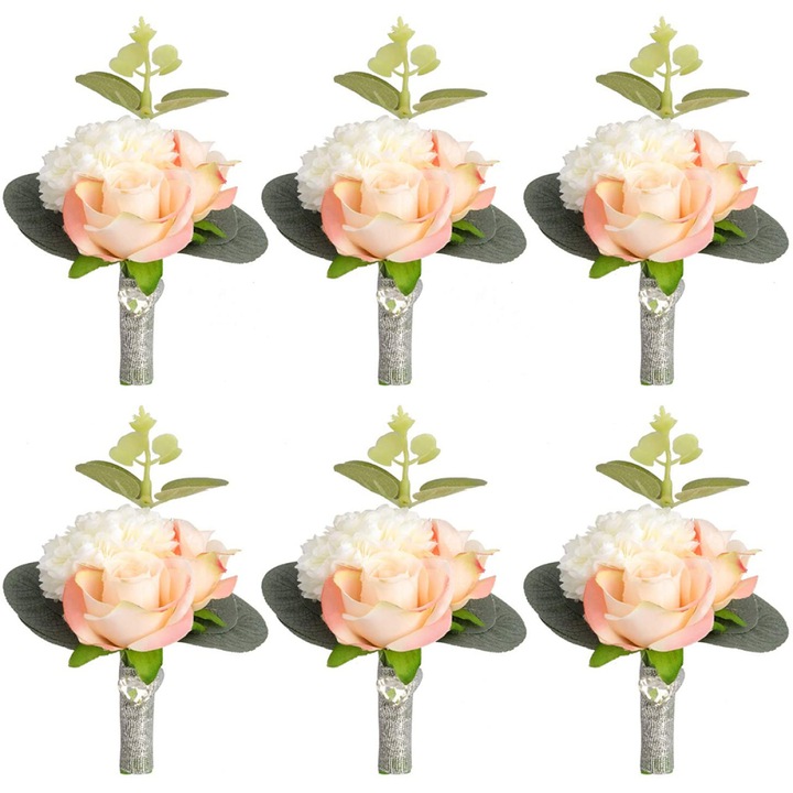 Set 6 Corsaje de Nunta pentru Mireasa si Domnisoare de Onoare, Design Realist, Multicolor, cu Banda Elastica