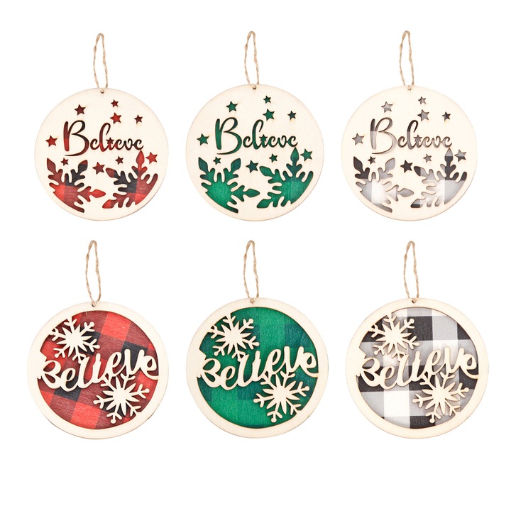 Set 6 Ornamente de Craciun din Lemn, pentru Interior si Exterior, Natur, Glitter