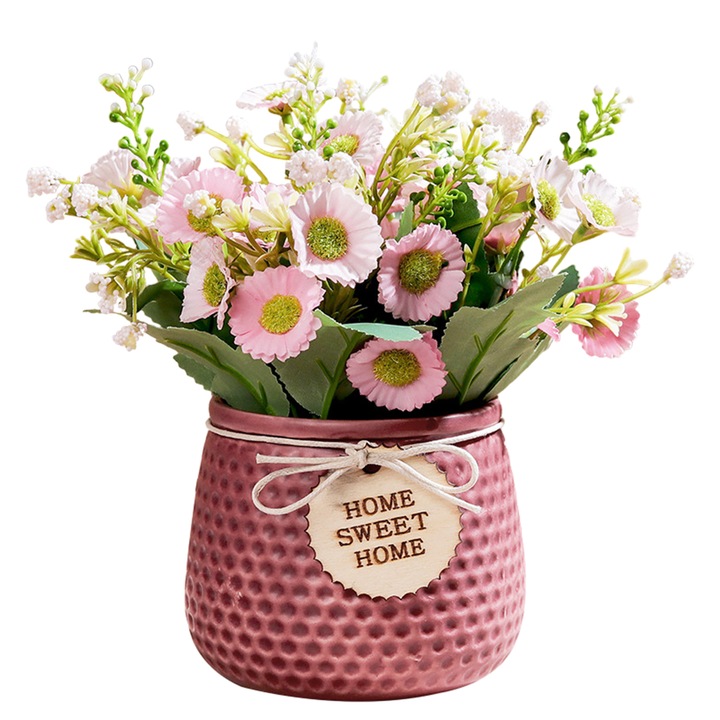Floare artificiala, set cu ghiveci ceramic, multicolor, pentru birou si casa
